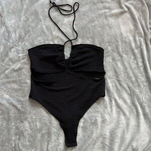Black Textured Halter Bodysuit